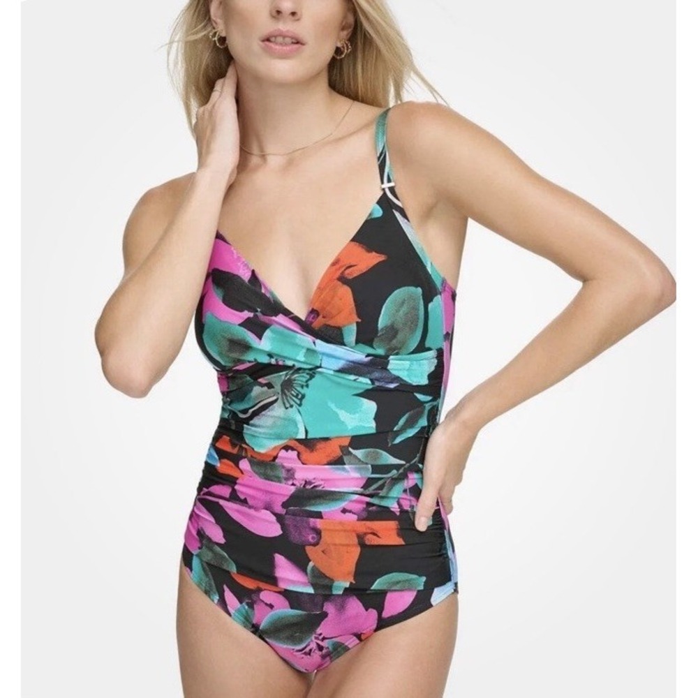 Calvin Klein Printed Twist-Front Tummy-Control One Piece Swimsuit Black Pink 16